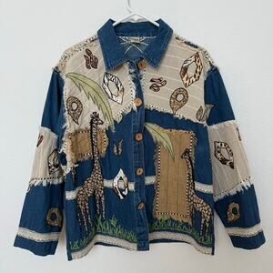 Vintage Giraffe Safari Patchwork Wood Button‎ Denim Jacket Cotton Medium